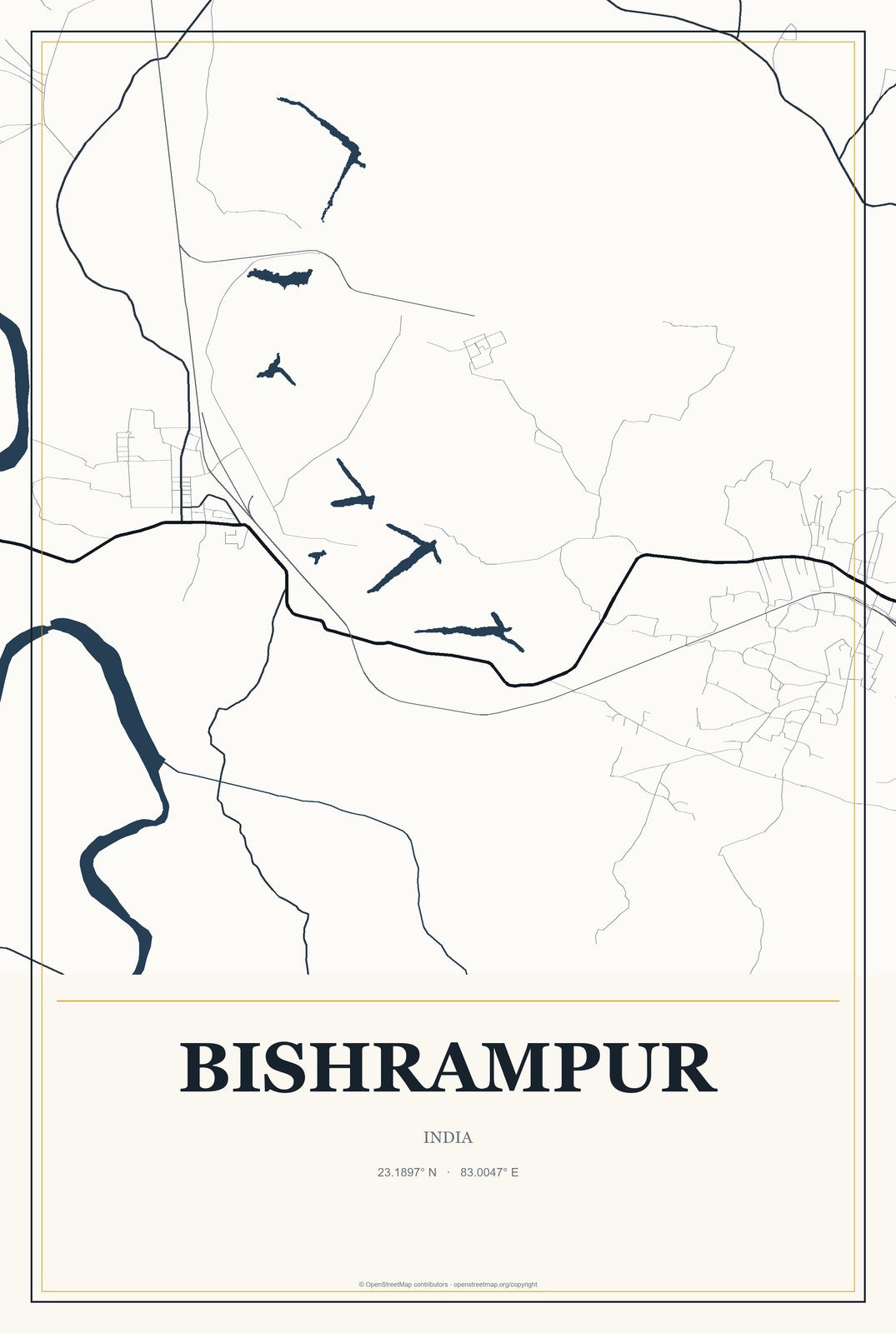 Bishrampur, India City Map Aluminum Sign in Citrine Modern style