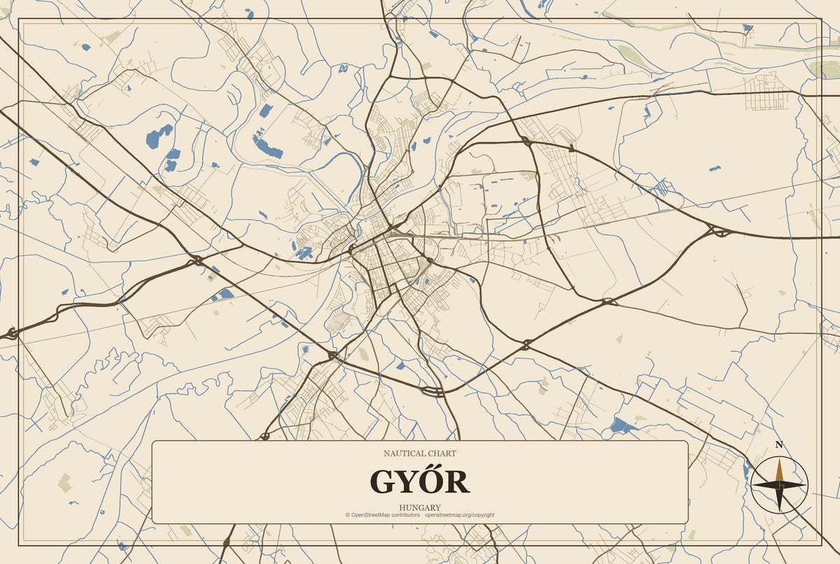 Győr, Hungary City Map Aluminum Sign in Heritage Nautical style