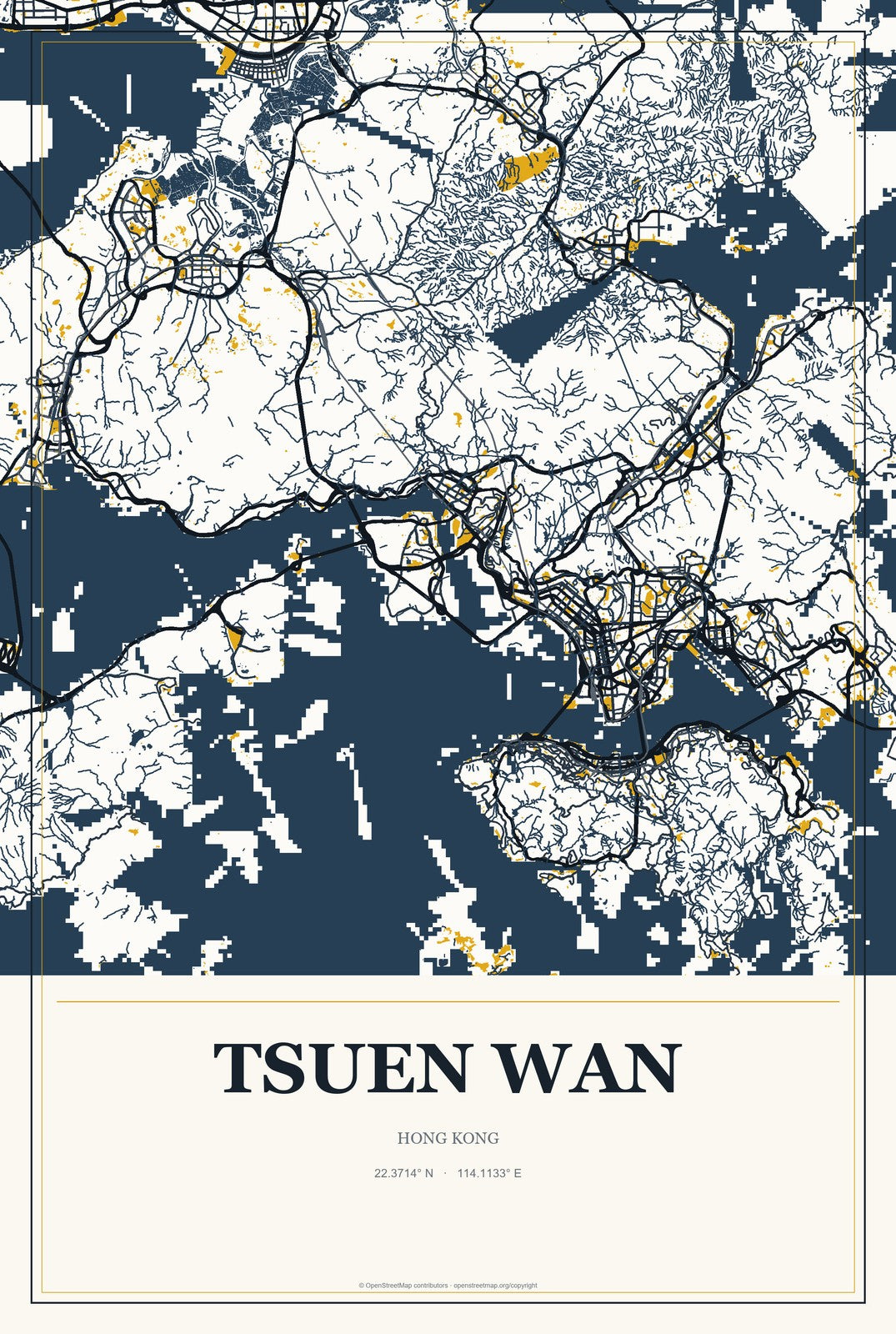 Tsuen Wan, Hong Kong City Map Aluminum Sign in Citrine Modern style