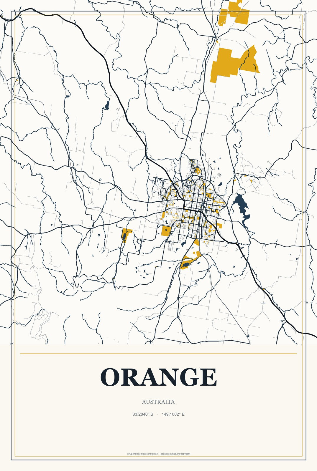 Orange, Australia City Map Aluminum Sign in Citrine Modern style