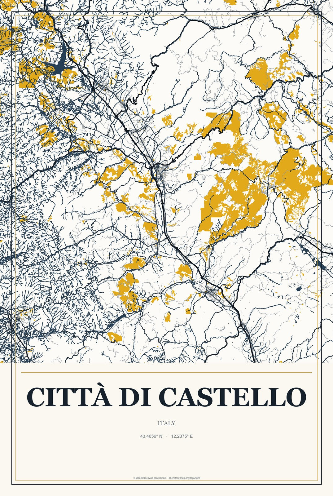 Città di Castello, Italy City Map Aluminum Sign in Citrine Modern style