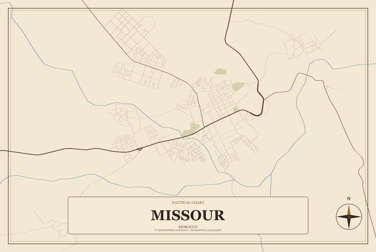 Missour, Morocco City Map Aluminum Sign in Heritage Nautical style