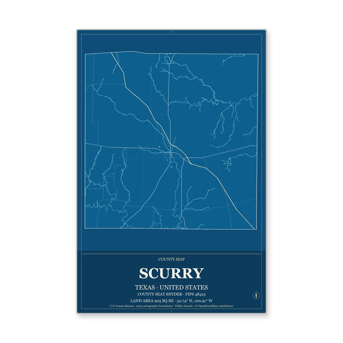 Scurry County, Texas Map Aluminum Sign in Harbor Cobalt style