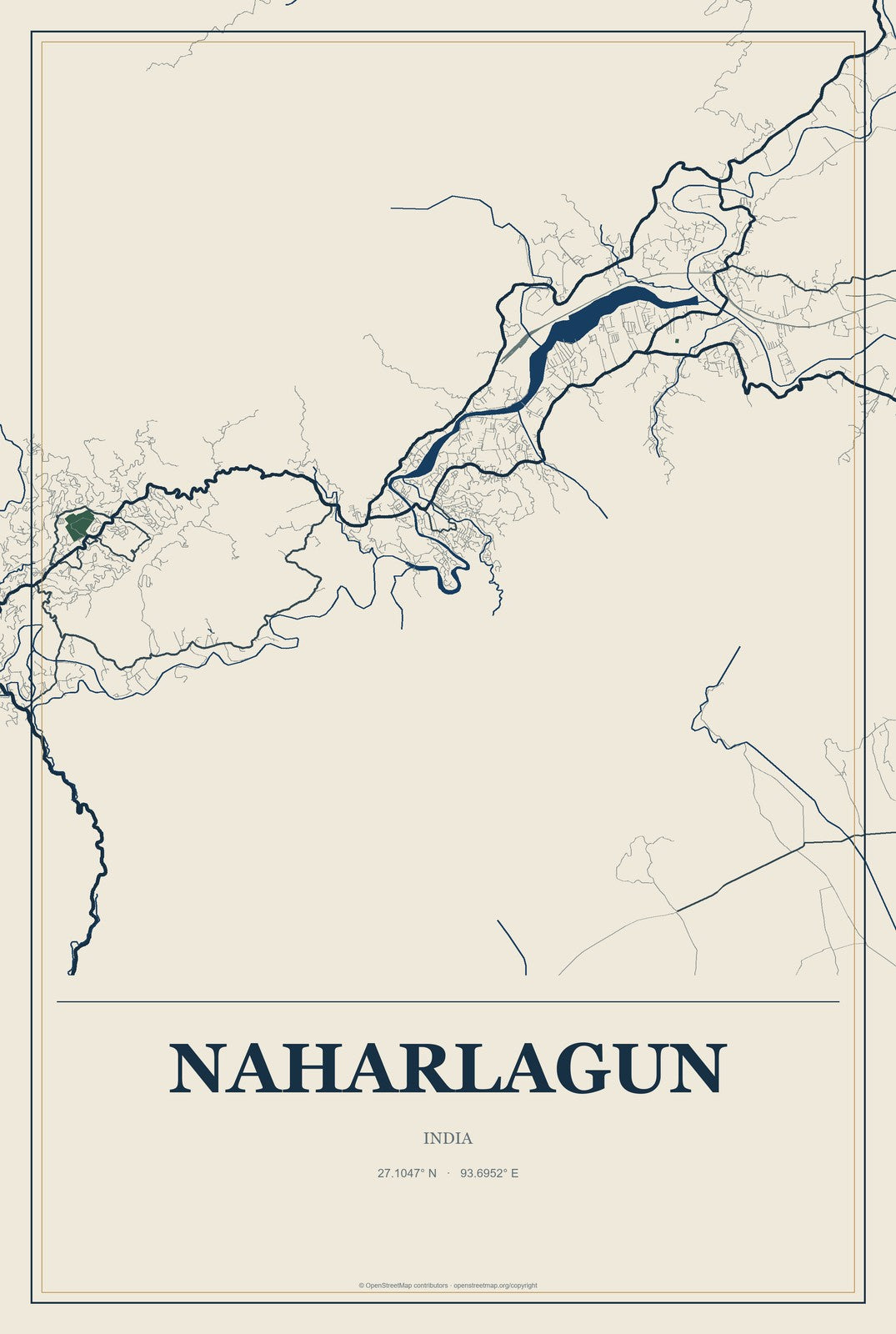 Naharlagun, India City Map Aluminum Sign in Coastal Cutout style