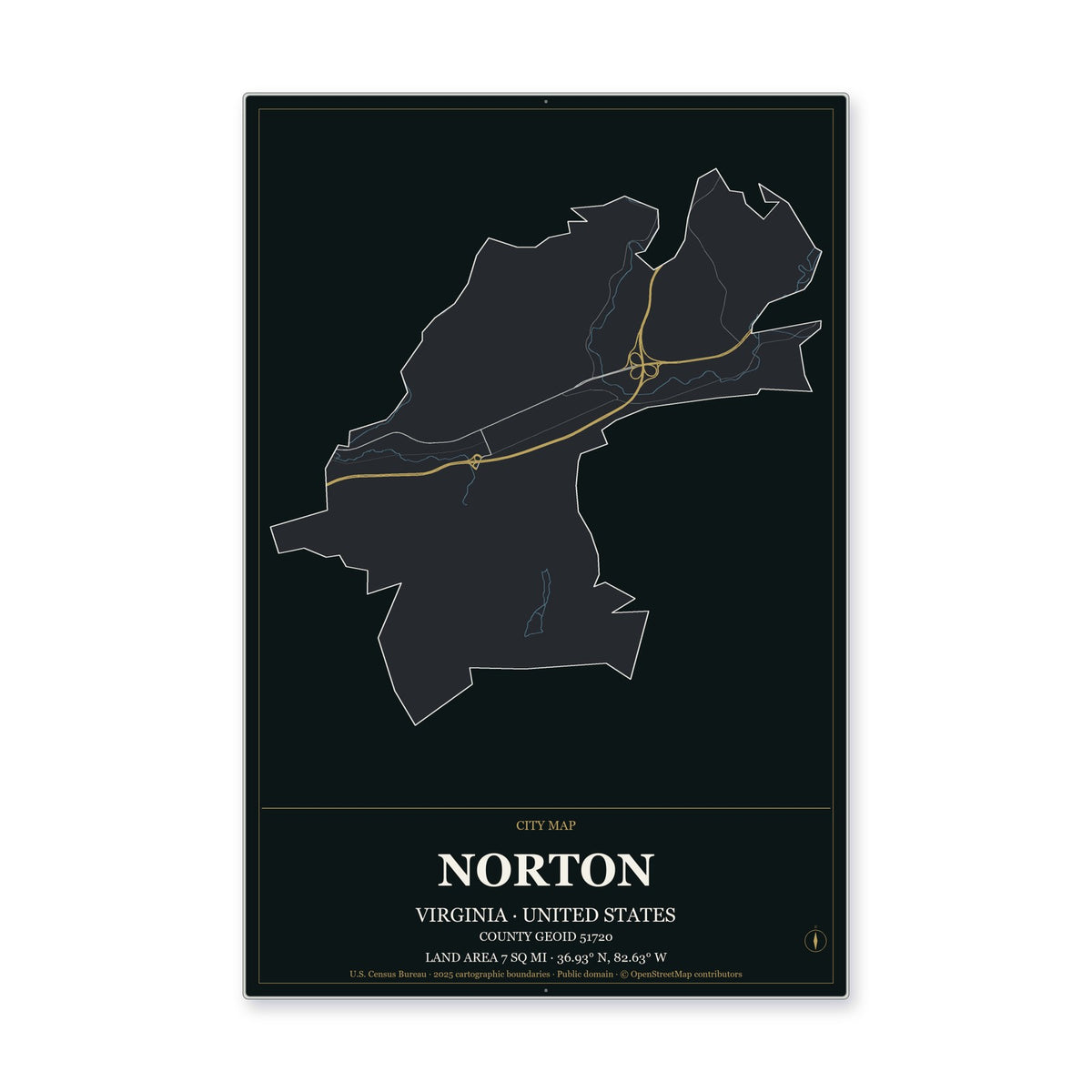 Norton city, Virginia Map Aluminum Sign in Metropolitan Noir style