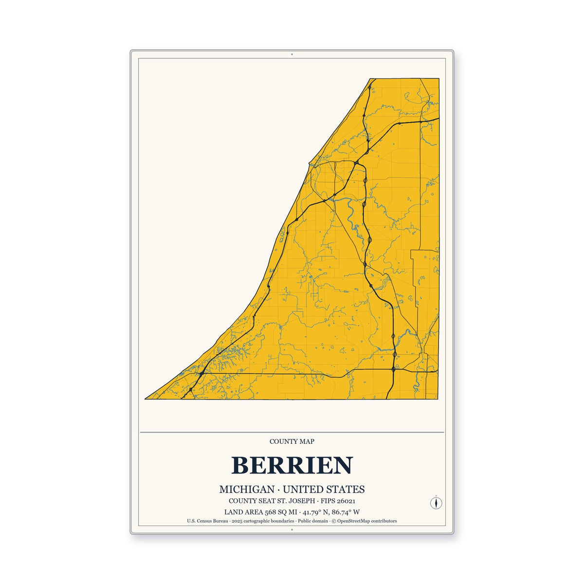 Berrien County, Michigan Map Aluminum Sign in Citrine Modern style