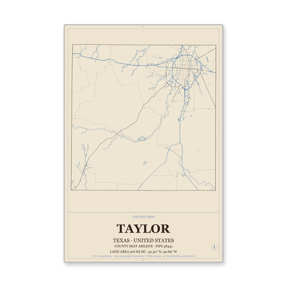 Taylor County, Texas Map Aluminum Sign in Heritage Nautical style