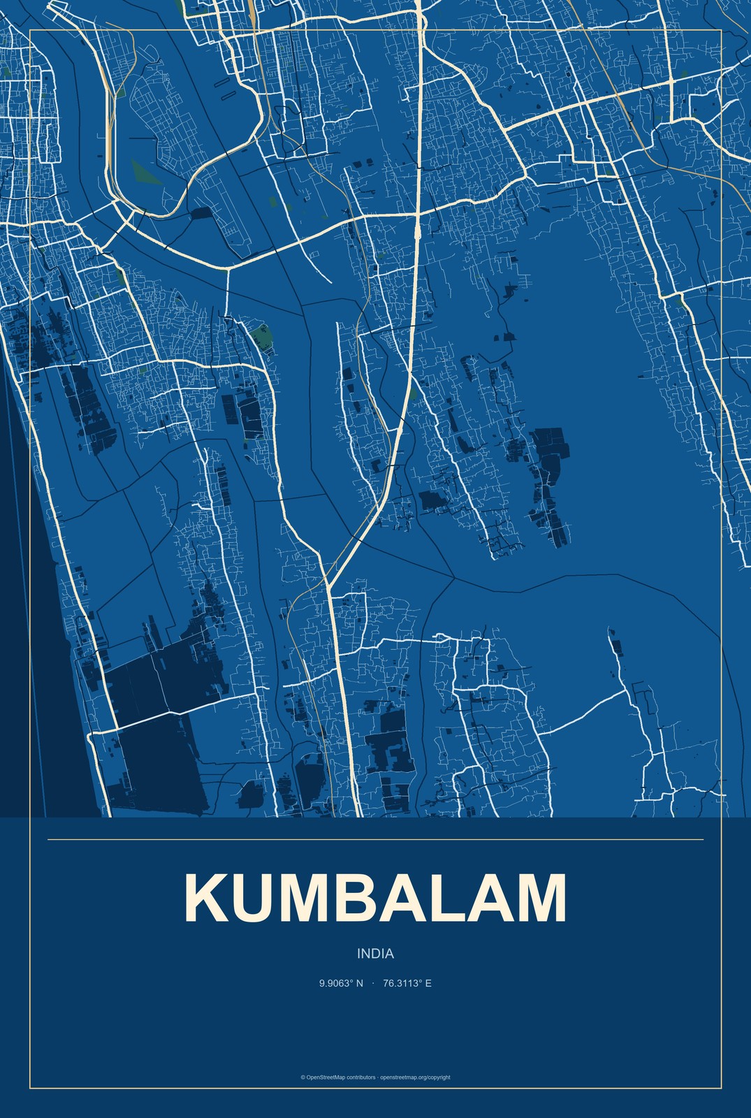Kumbalam, India City Map Aluminum Sign in Harbor Cobalt style