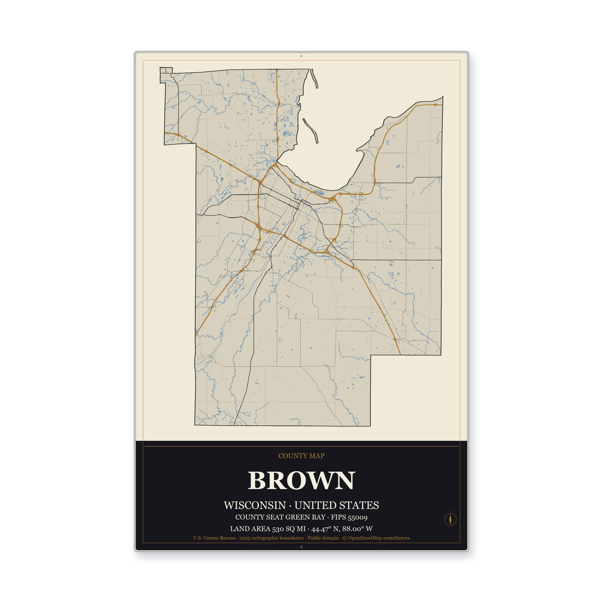 Brown County, Wisconsin Map Aluminum Sign in Museum Plaque style