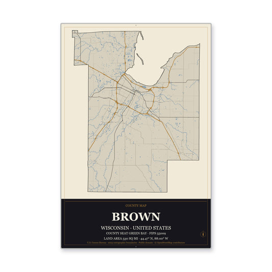 Brown County, Wisconsin Map Aluminum Sign in Museum Plaque style