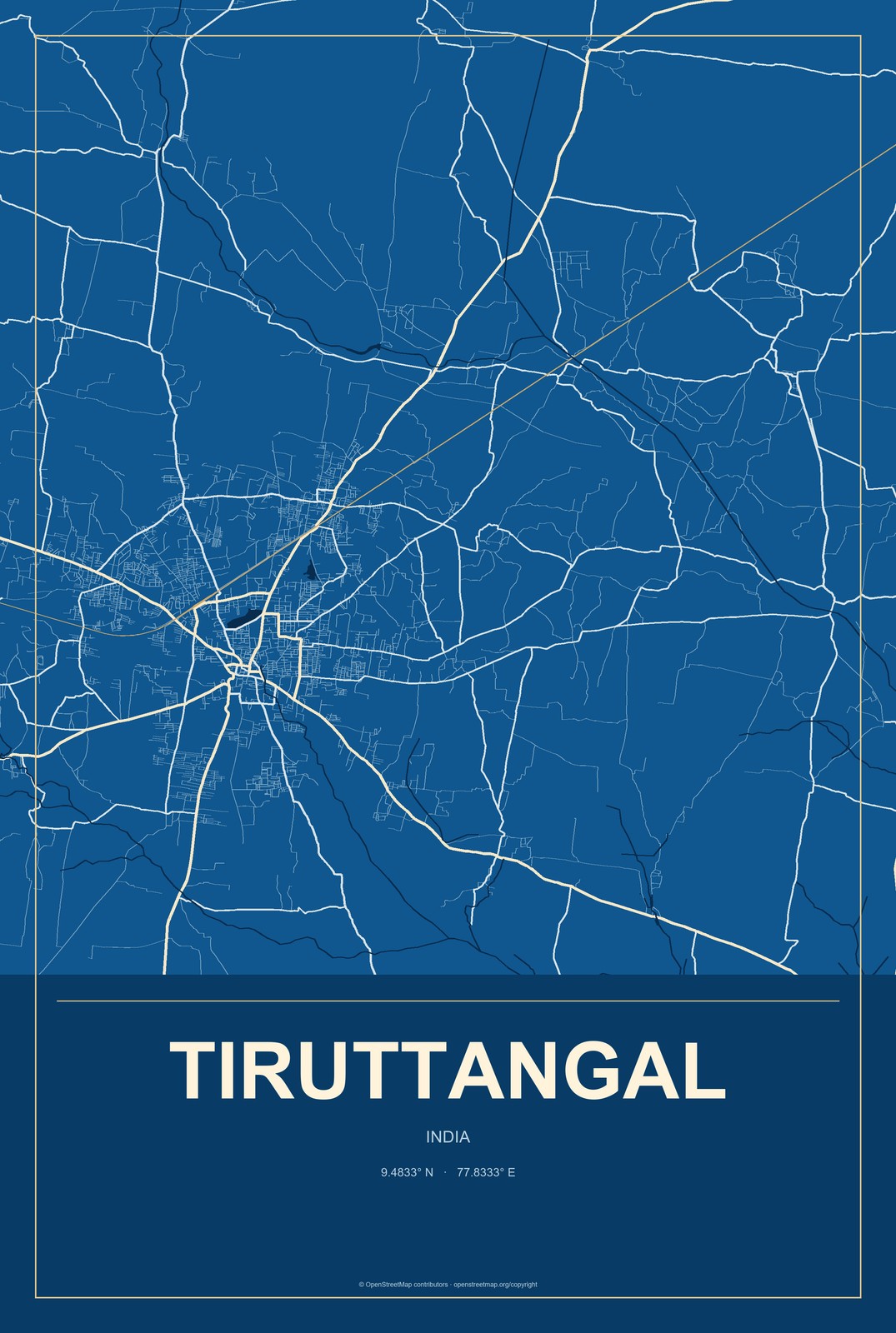 Tiruttangal, India City Map Aluminum Sign in Harbor Cobalt style