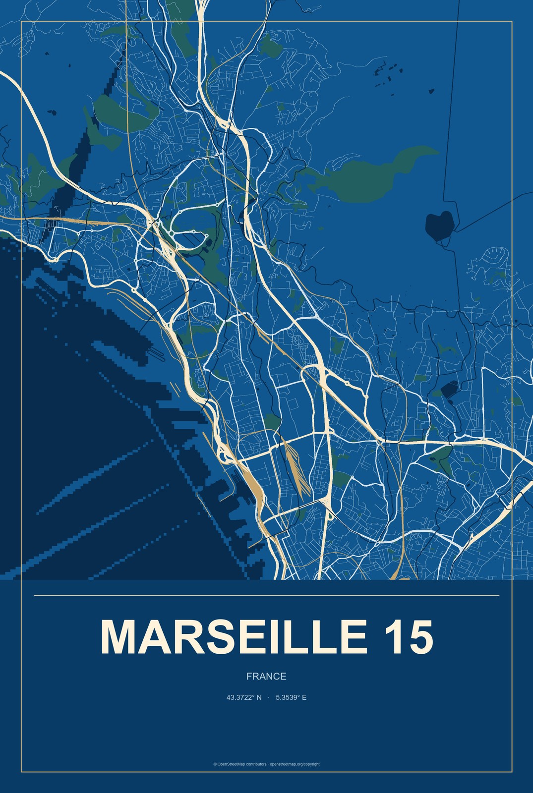 Marseille 15, France City Map Aluminum Sign in Harbor Cobalt style