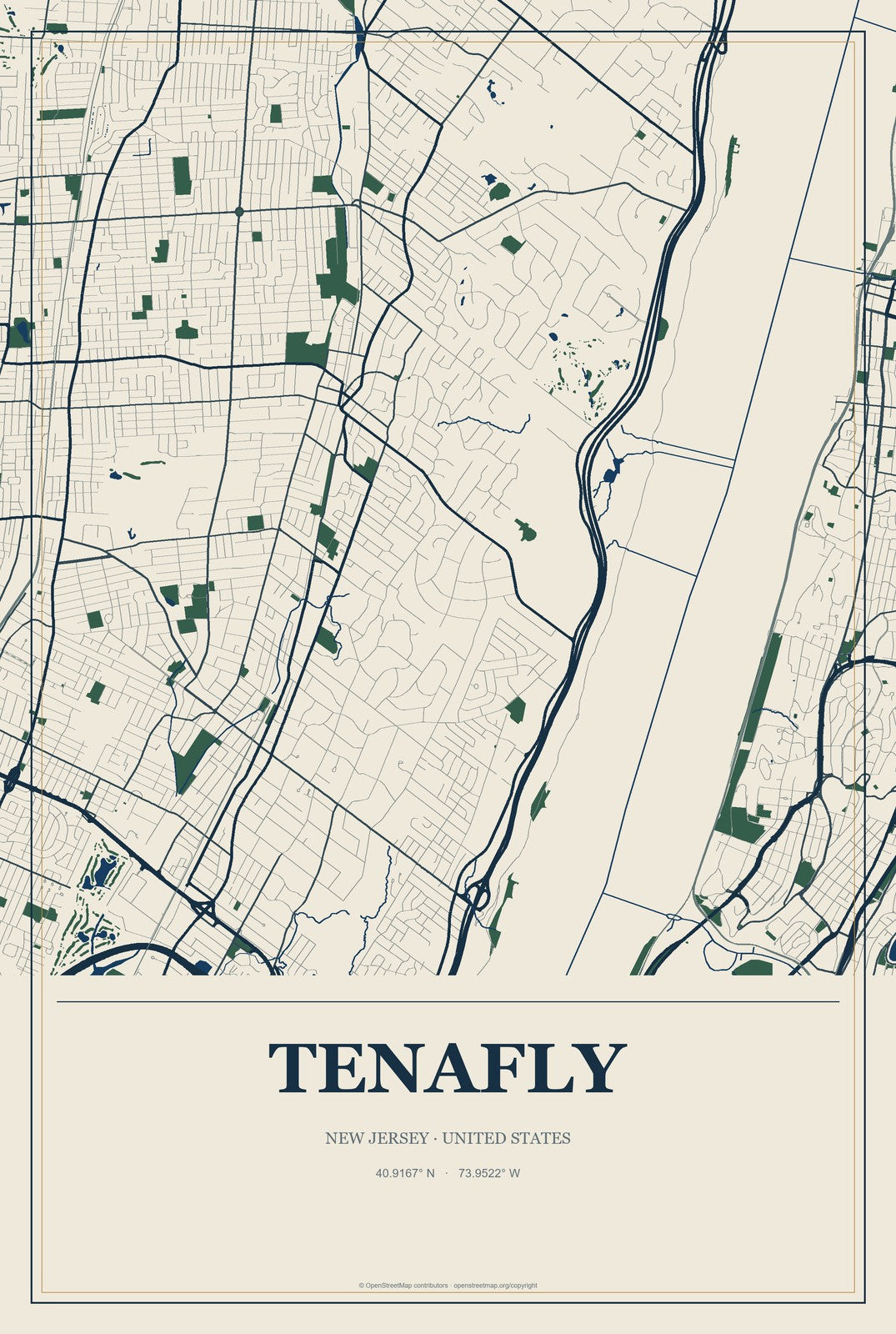 Tenafly, New Jersey City Map Aluminum Sign in Coastal Cutout style