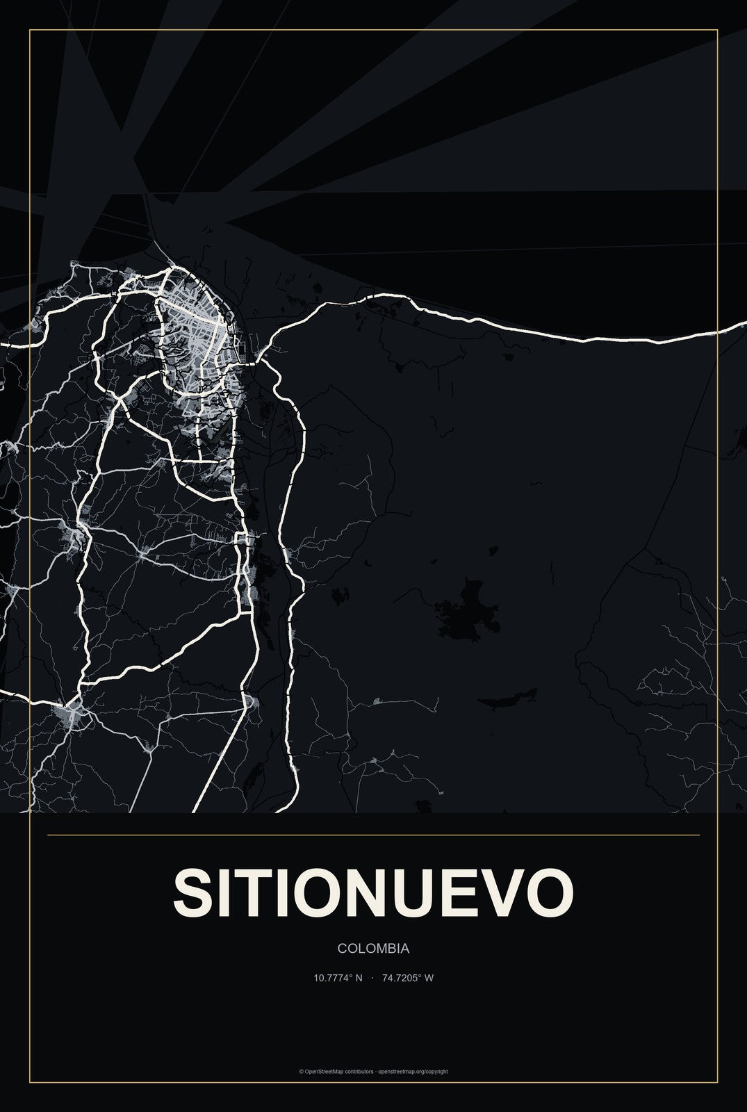 Sitionuevo, Colombia City Map Aluminum Sign in Metropolitan Noir style