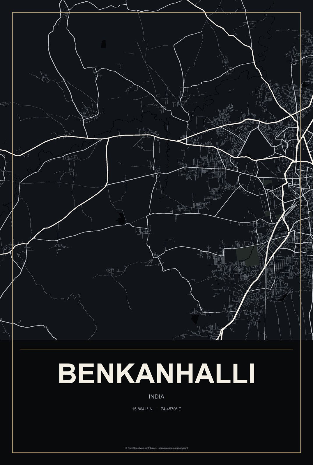 Benkanhalli, India City Map Aluminum Sign in Metropolitan Noir style