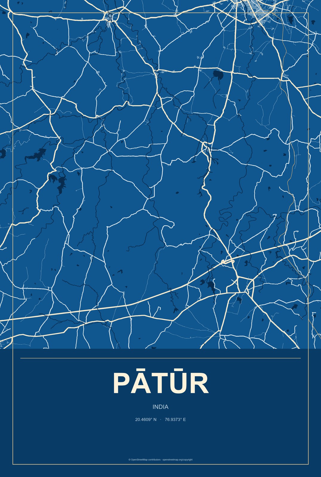 Pātūr, India City Map Aluminum Sign in Harbor Cobalt style