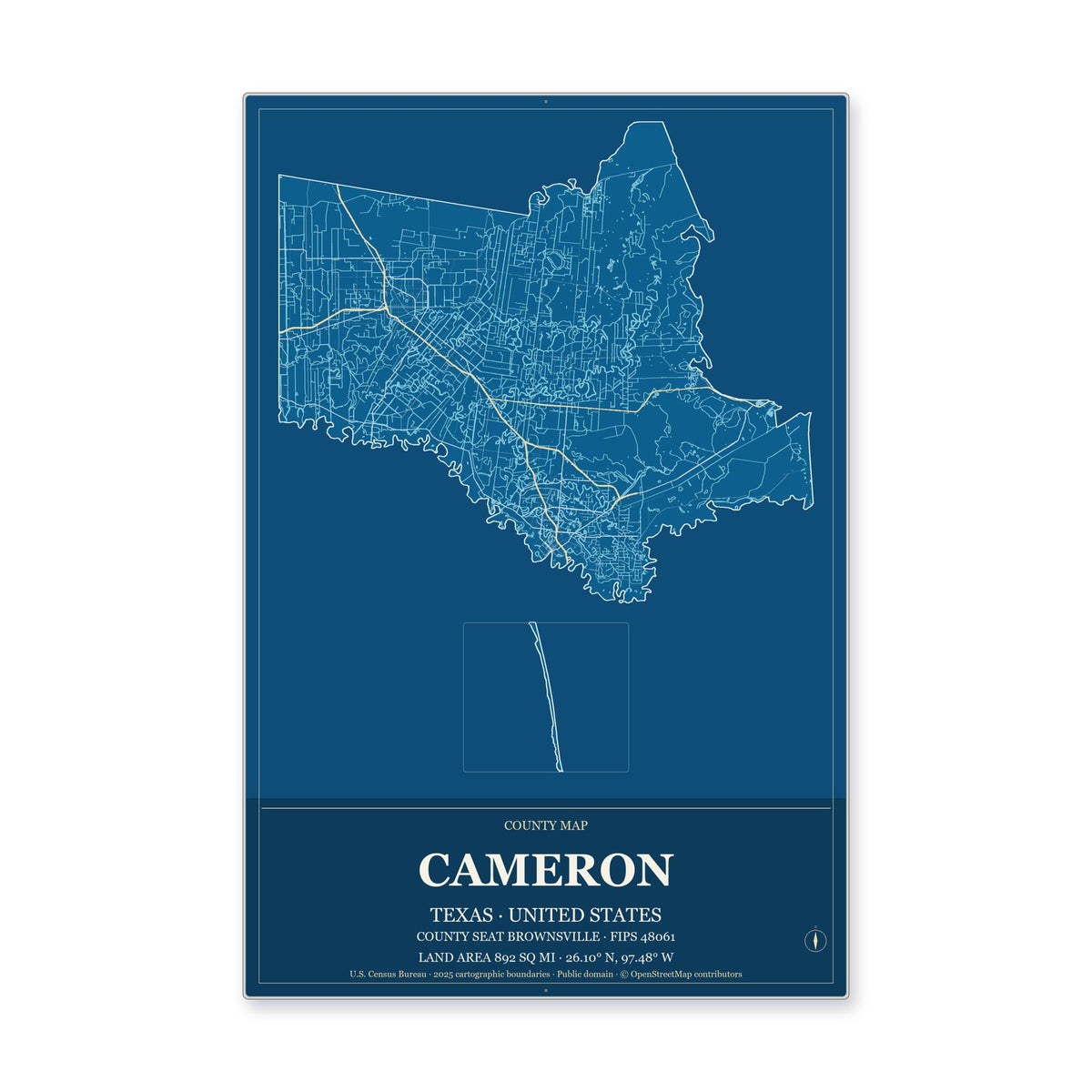 Cameron County, Texas Map Aluminum Sign in Harbor Cobalt style