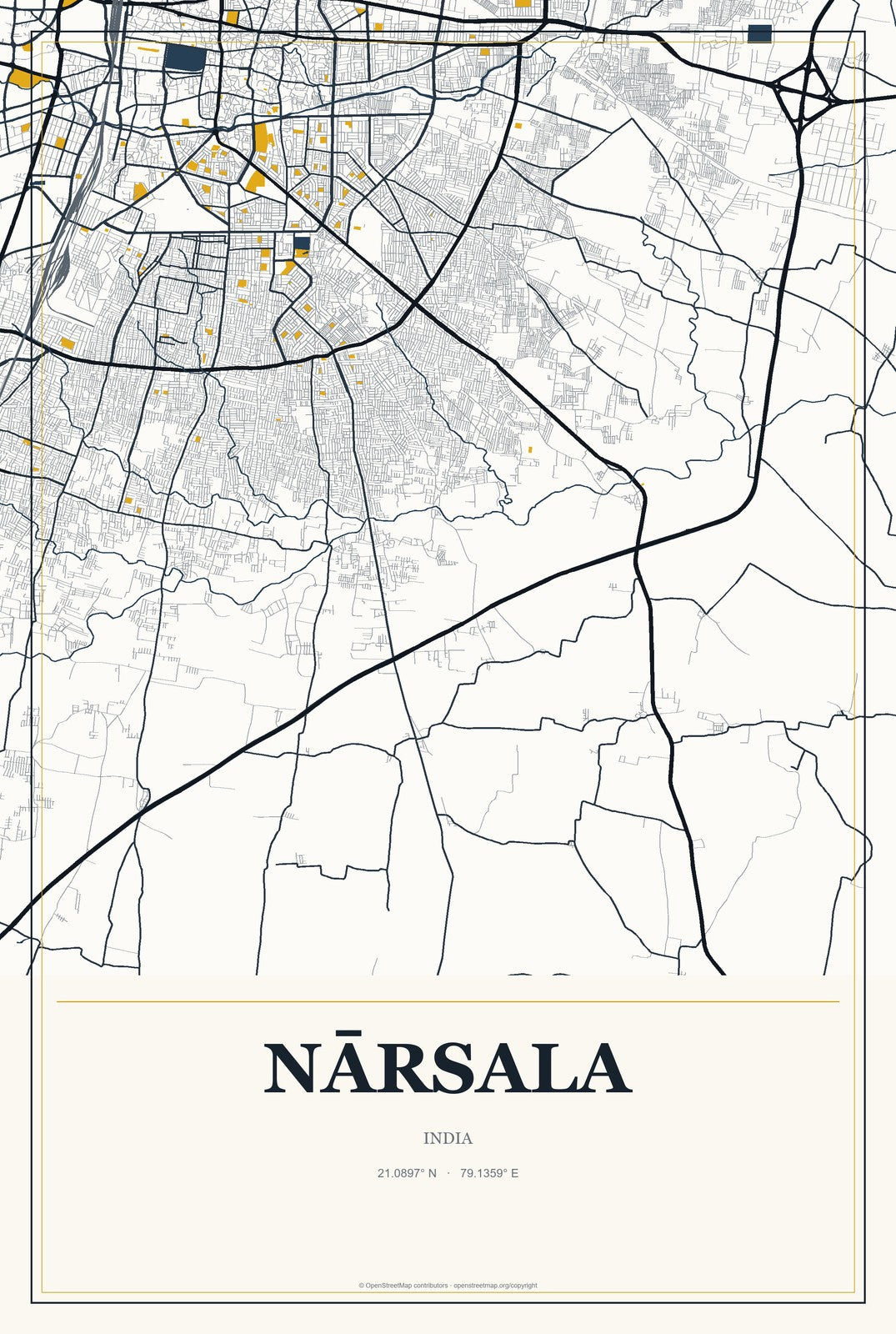 Nārsala, India City Map Aluminum Sign in Citrine Modern style