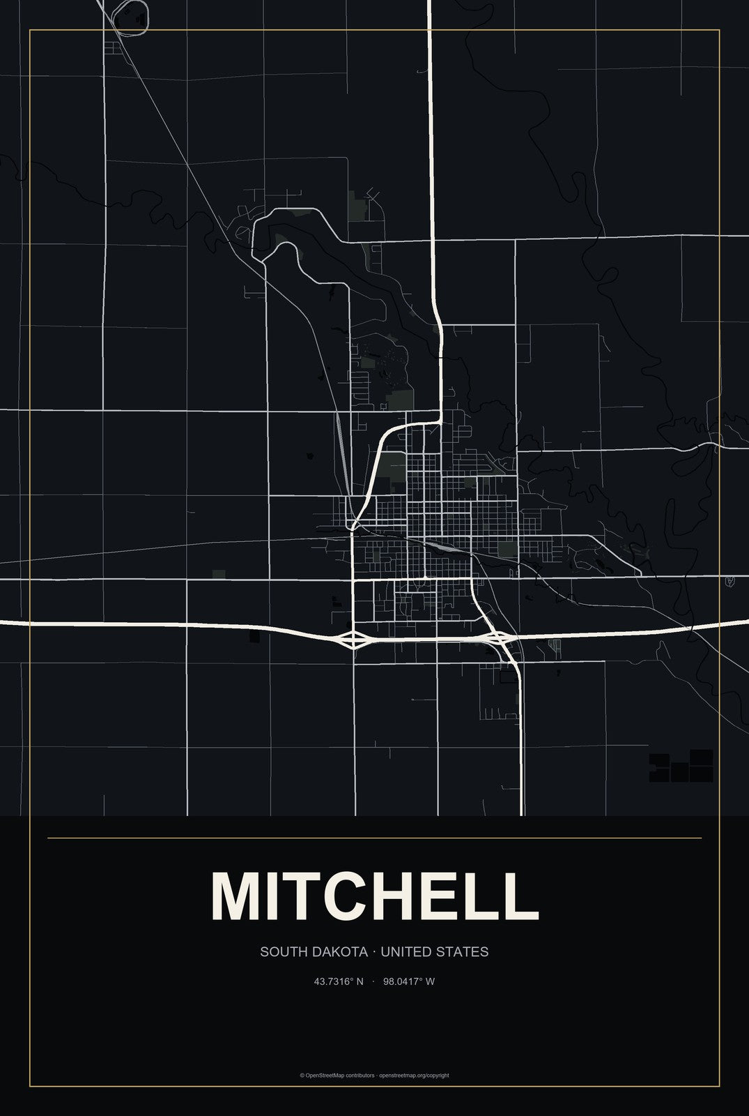 Mitchell, South Dakota City Map Aluminum Sign in Metropolitan Noir style