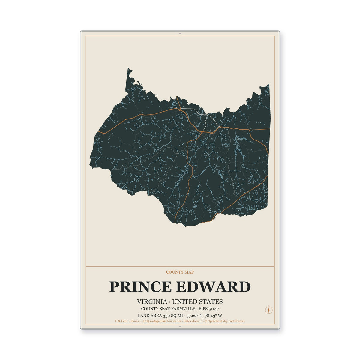 Prince Edward County, Virginia Map Aluminum Sign in Headline Atlas style