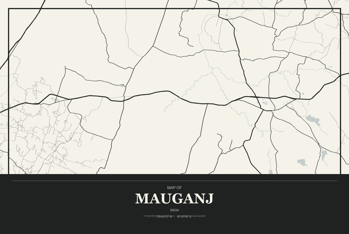 Mauganj, India City Map Aluminum Sign in Museum Plaque style