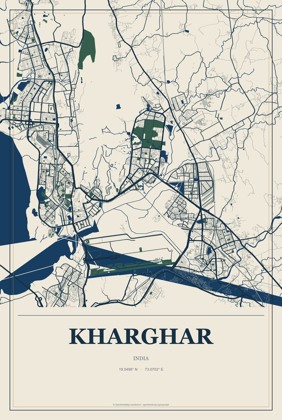 Kharghar, India City Map Aluminum Sign in Coastal Cutout style