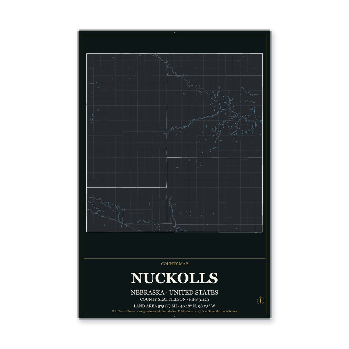 Nuckolls County, Nebraska Map Aluminum Sign in Metropolitan Noir style