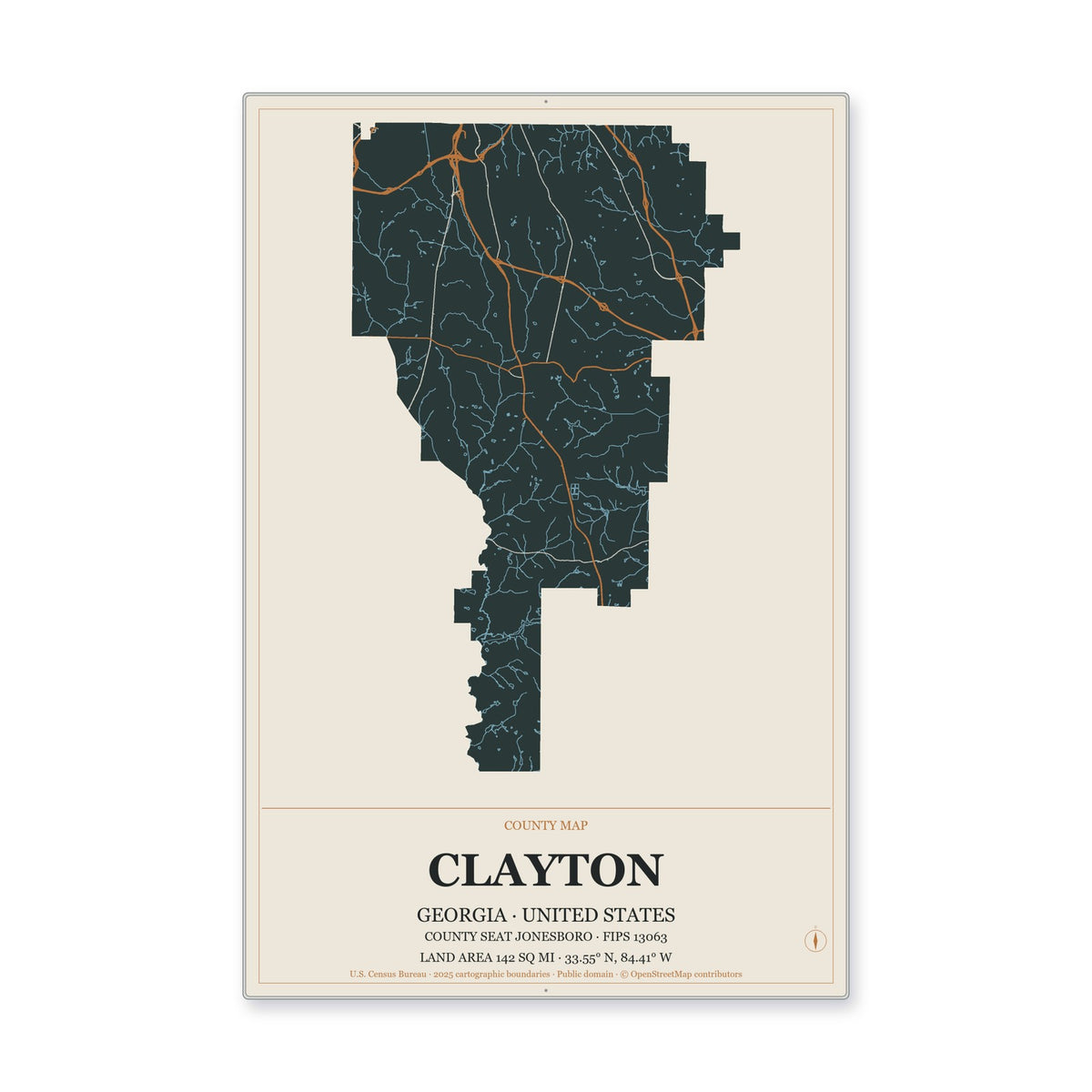 Clayton County, Georgia Map Aluminum Sign in Headline Atlas style