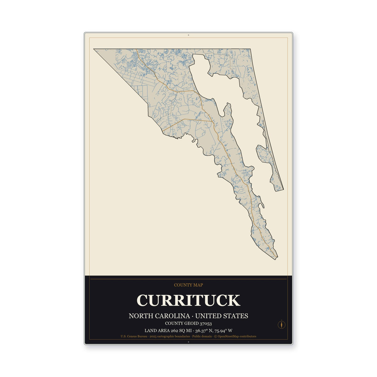 Currituck County, North Carolina Map Aluminum Sign in Museum Plaque style