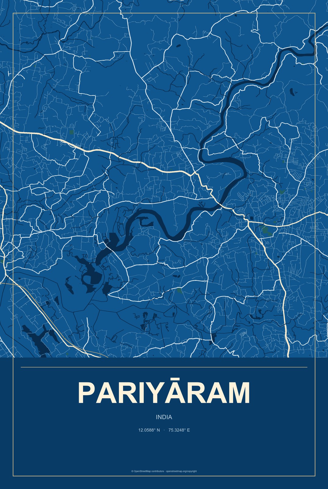 Pariyāram, India City Map Aluminum Sign in Harbor Cobalt style