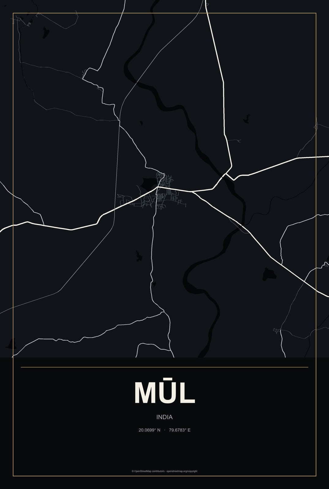 Mūl, India City Map Aluminum Sign in Metropolitan Noir style