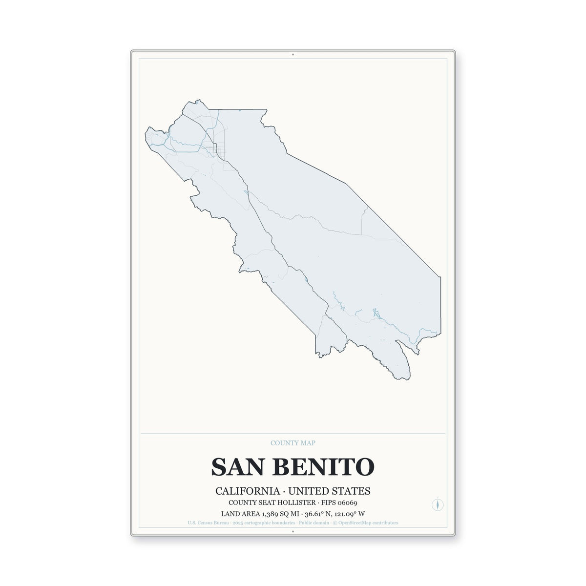 San Benito County, California Map Aluminum Sign in Gallery Air style