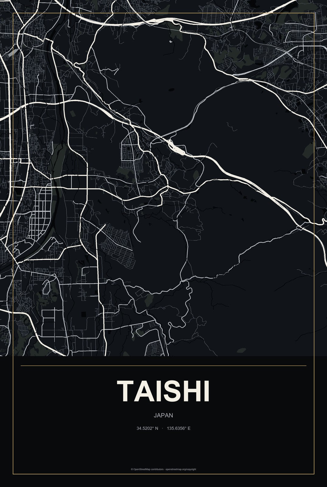 Taishi, Japan City Map Aluminum Sign in Metropolitan Noir style