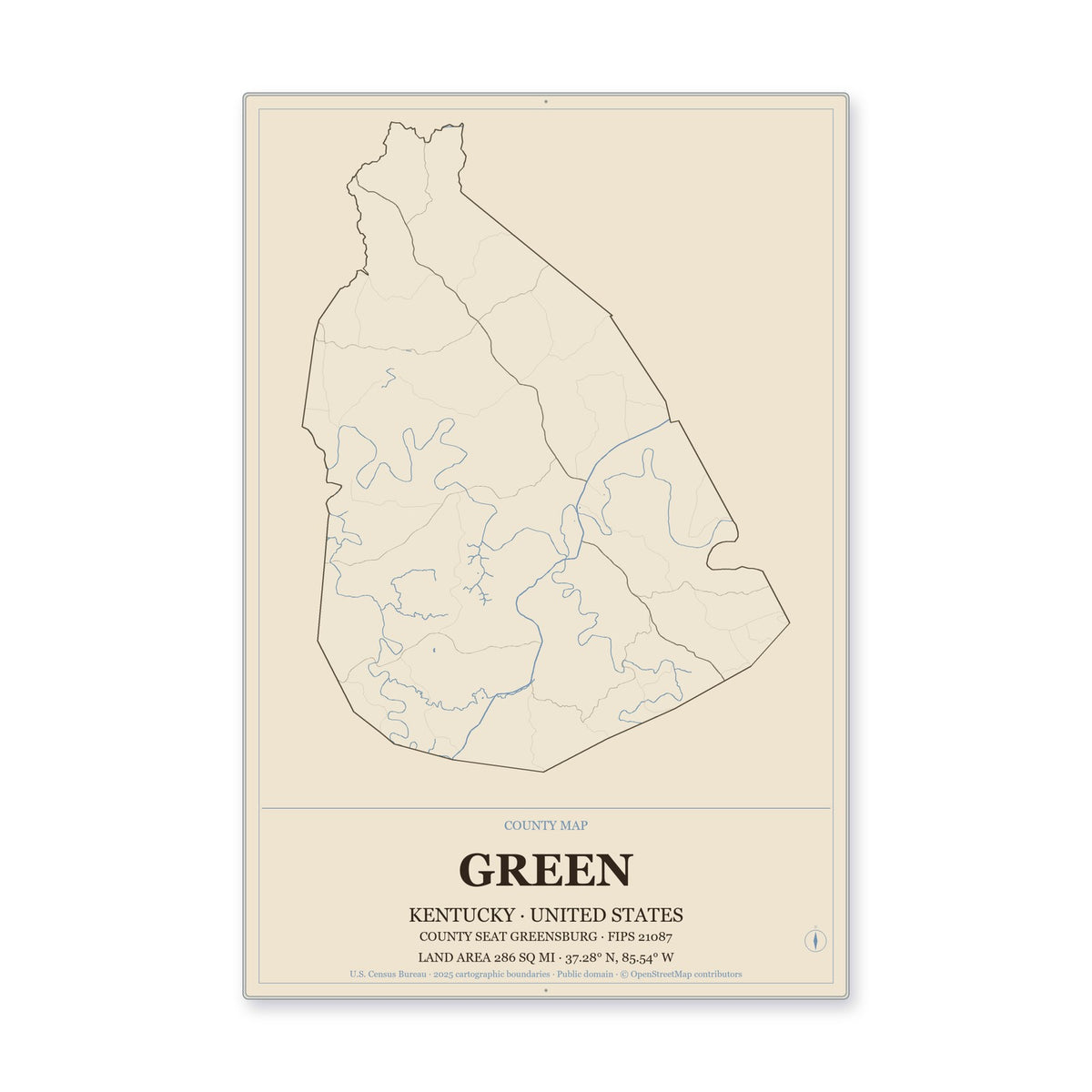 Green County, Kentucky Map Aluminum Sign in Heritage Nautical style