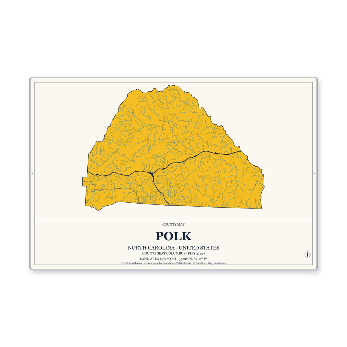 Polk County, North Carolina Map Aluminum Sign in Citrine Modern style