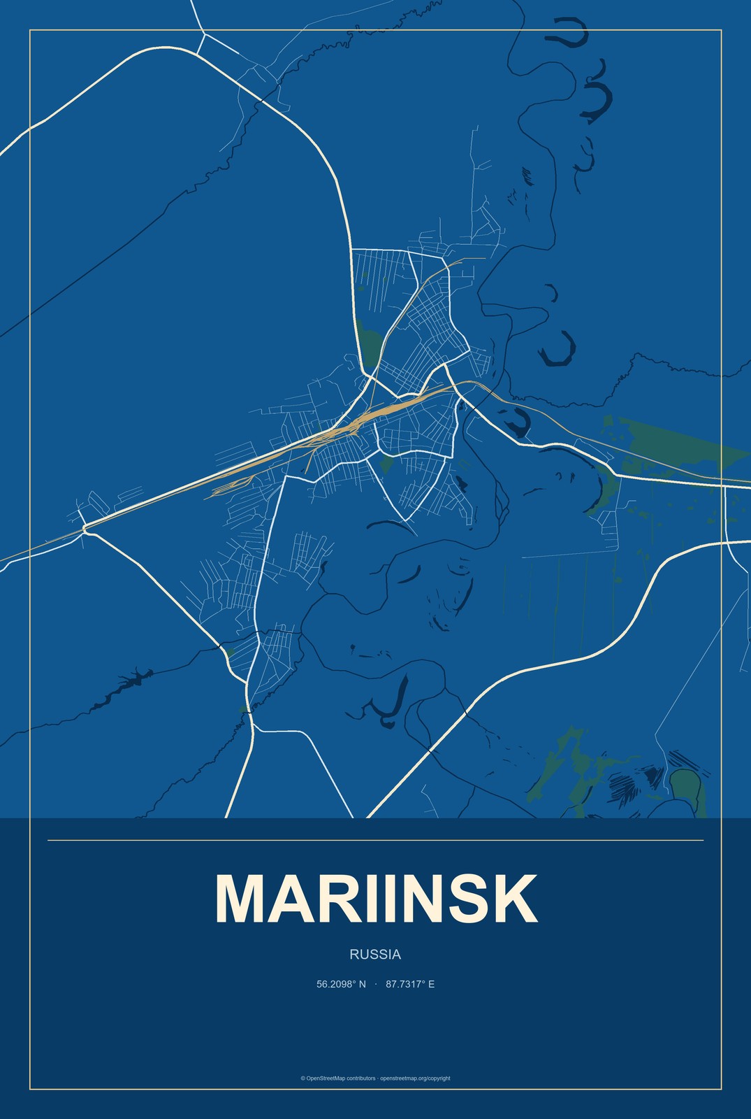 Mariinsk, Russia City Map Aluminum Sign in Harbor Cobalt style