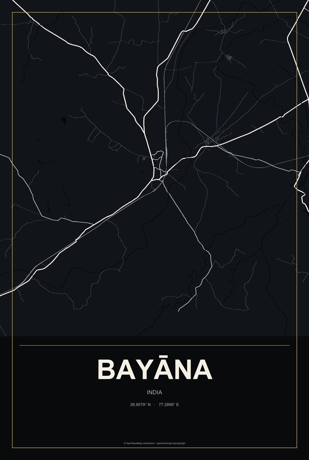 Bayāna, India City Map Aluminum Sign in Metropolitan Noir style