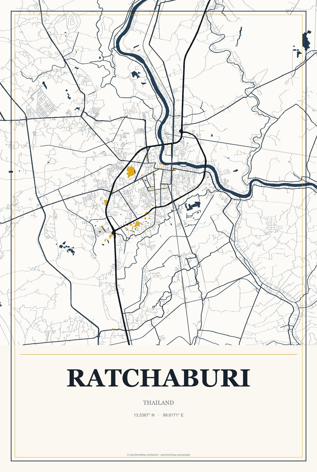 Ratchaburi, Thailand City Map Aluminum Sign in Citrine Modern style