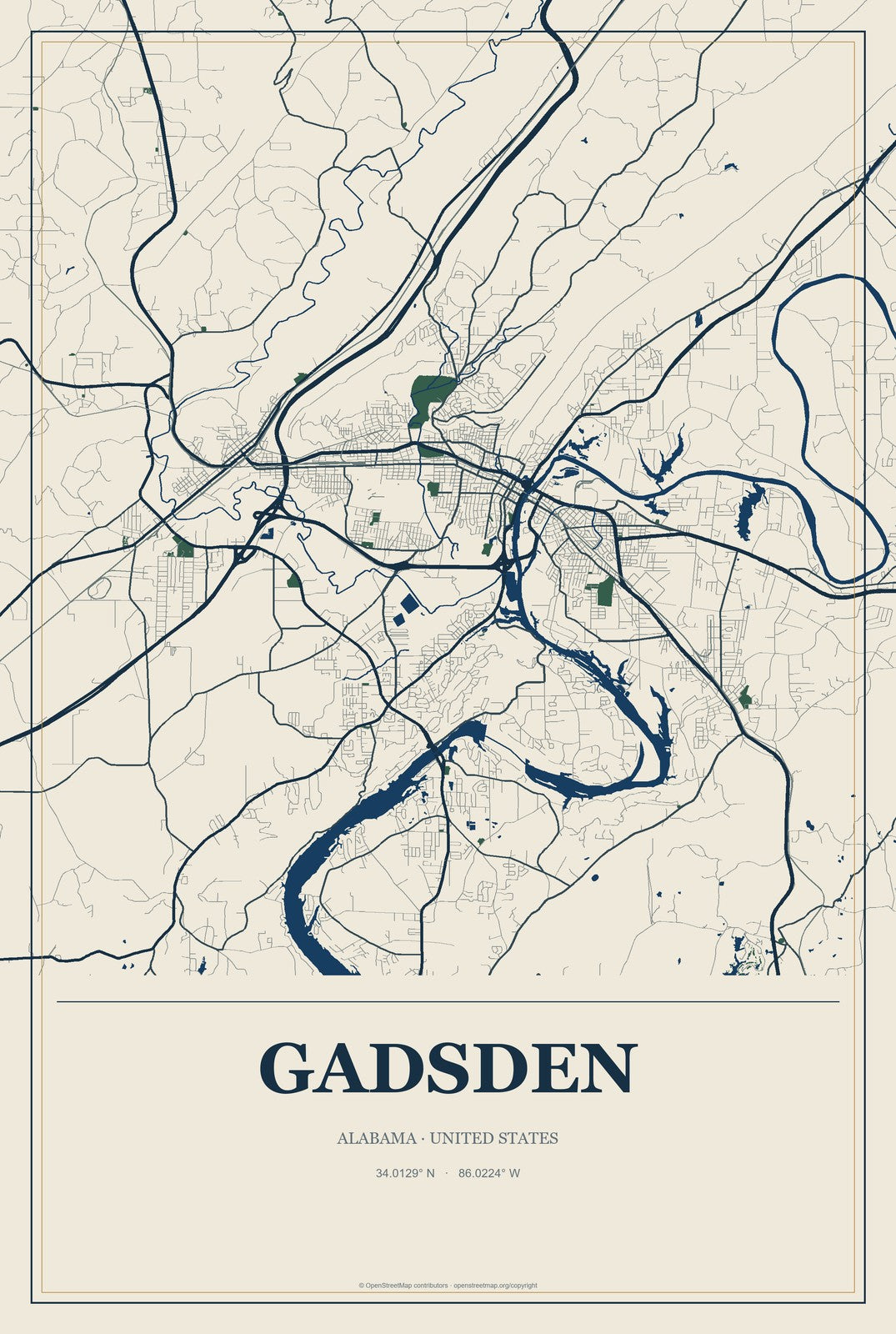 Gadsden, Alabama City Map Aluminum Sign in Coastal Cutout style