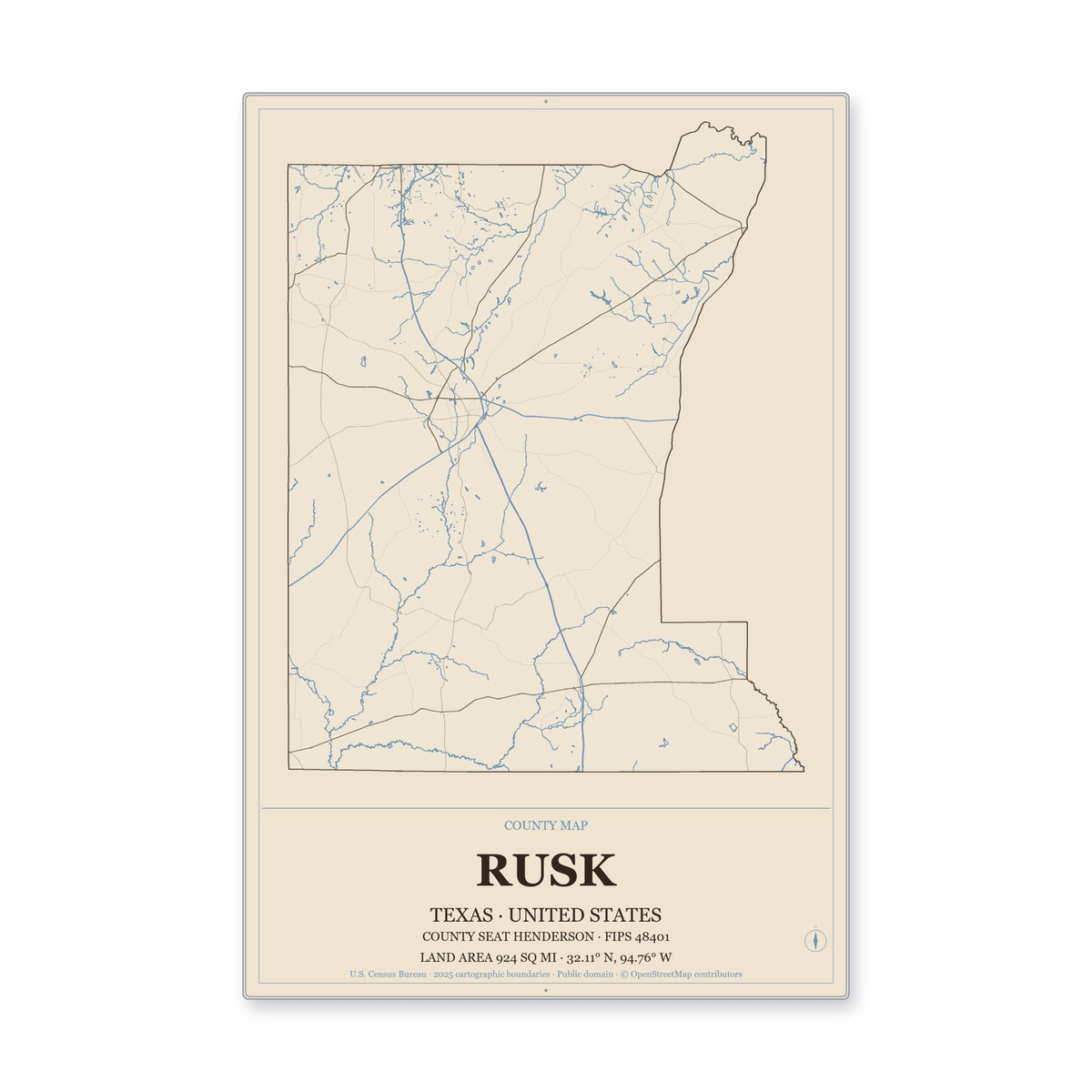 Rusk County, Texas Map Aluminum Sign in Heritage Nautical style