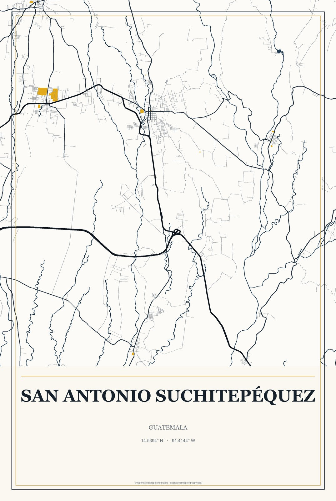 San Antonio Suchitepéquez, Guatemala City Map Aluminum Sign in Citrine Modern style