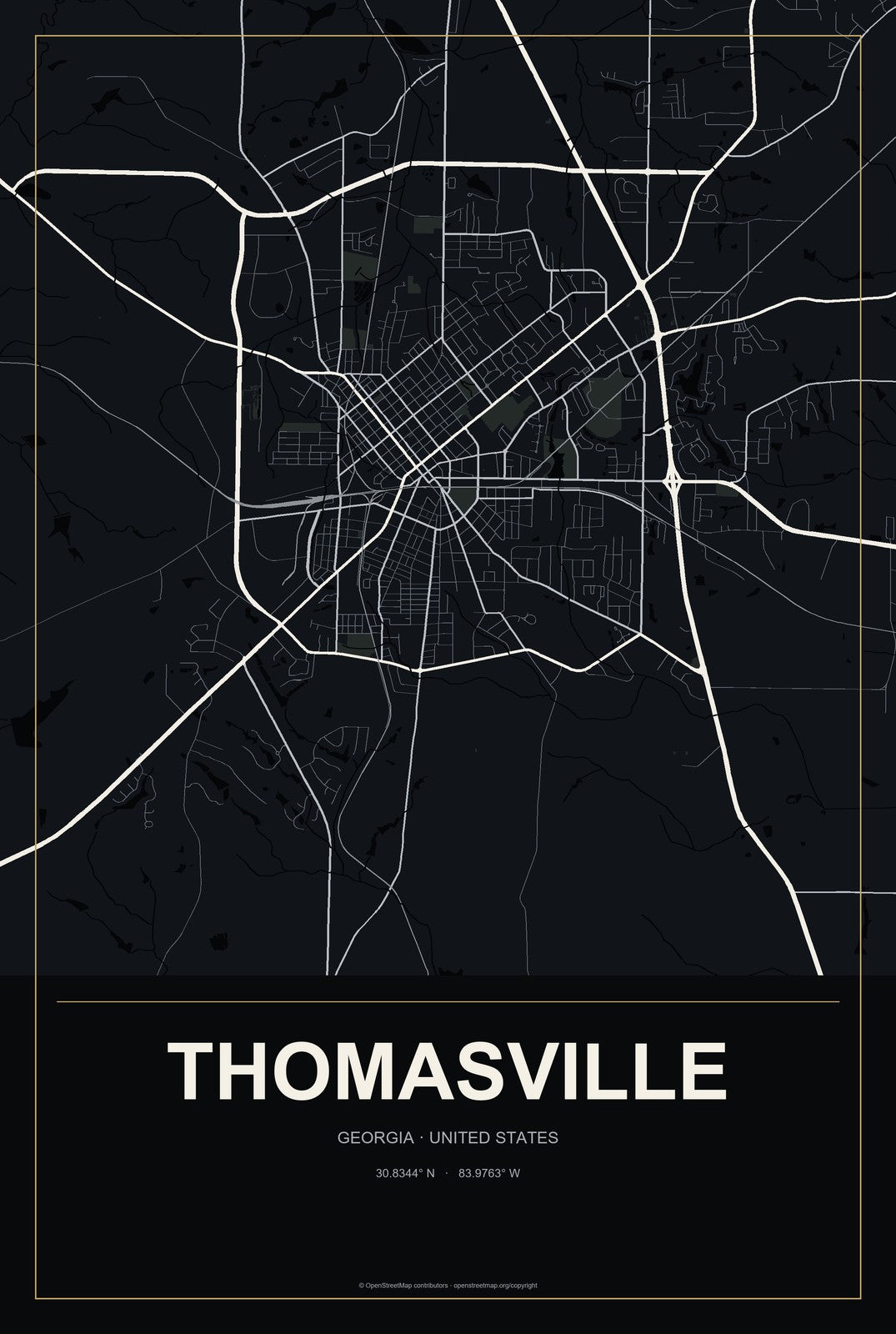 Thomasville, Georgia City Map Aluminum Sign in Metropolitan Noir style