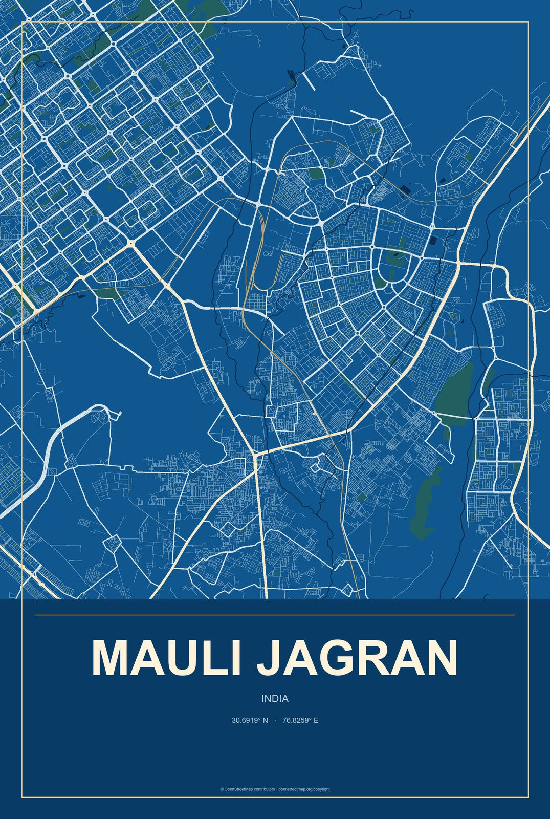 Mauli Jagran, India City Map Aluminum Sign in Harbor Cobalt style