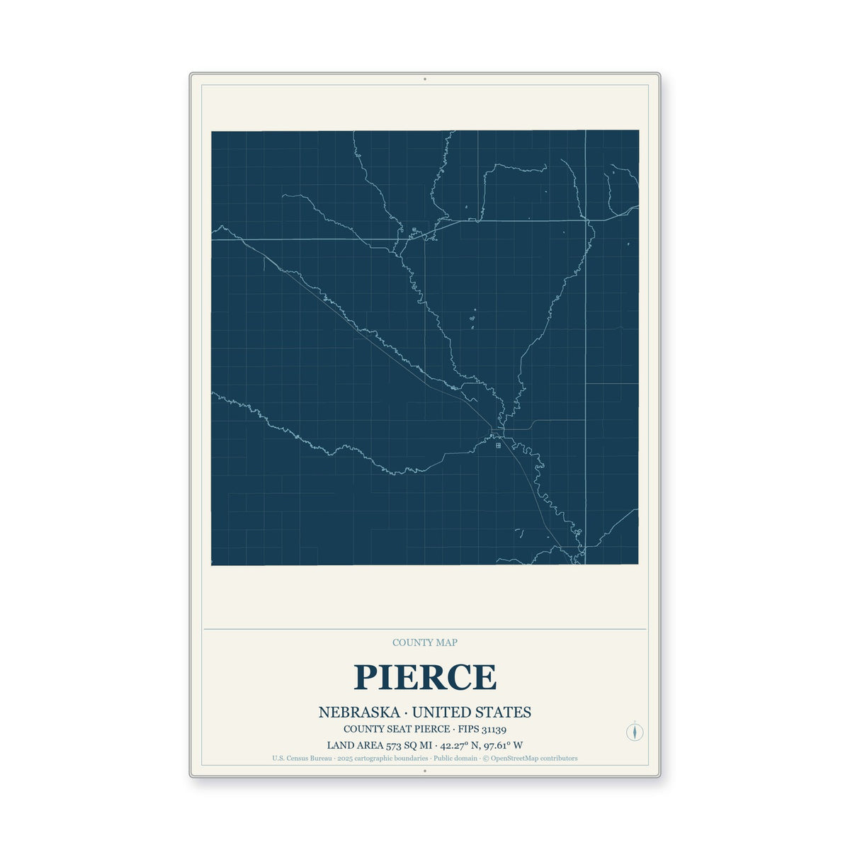 Pierce County, Nebraska Map Aluminum Sign in Coastal Cutout style