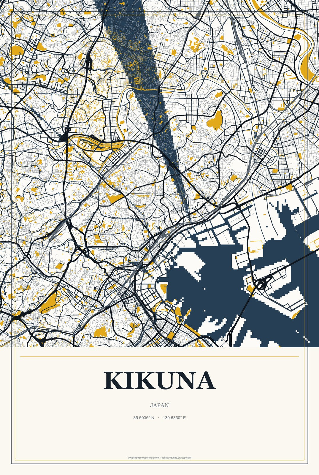 Kikuna, Japan City Map Aluminum Sign in Citrine Modern style