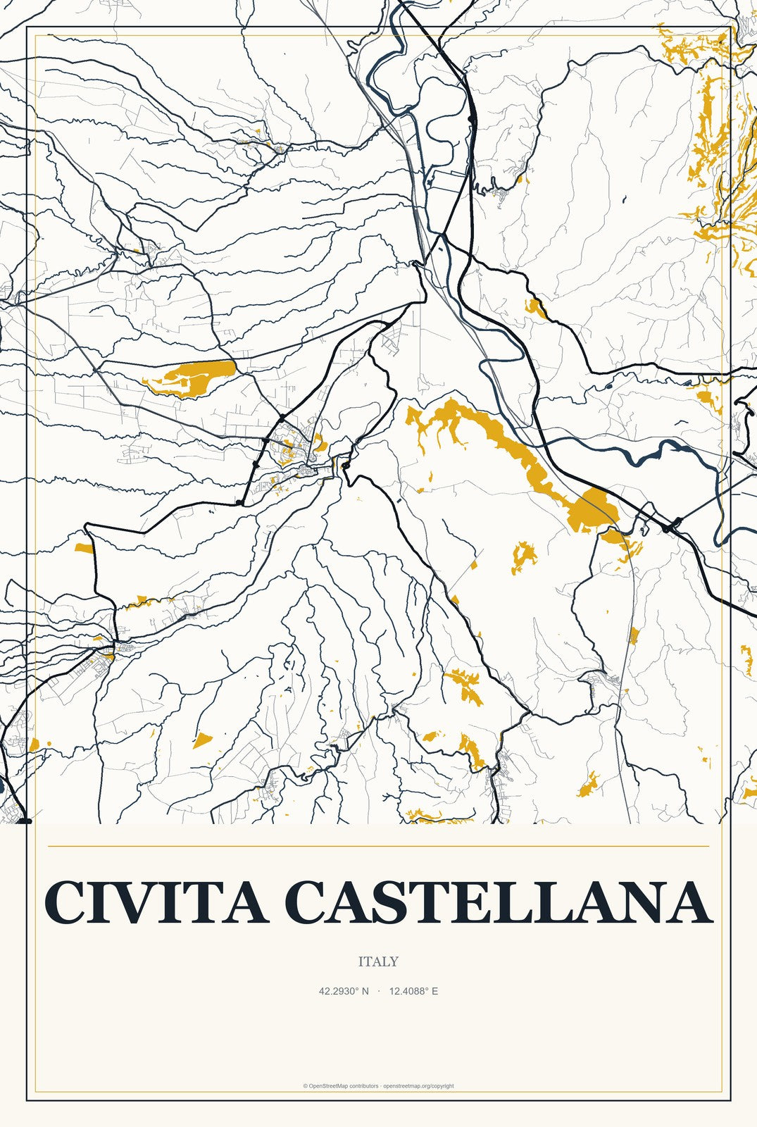 Civita Castellana, Italy City Map Aluminum Sign in Citrine Modern style