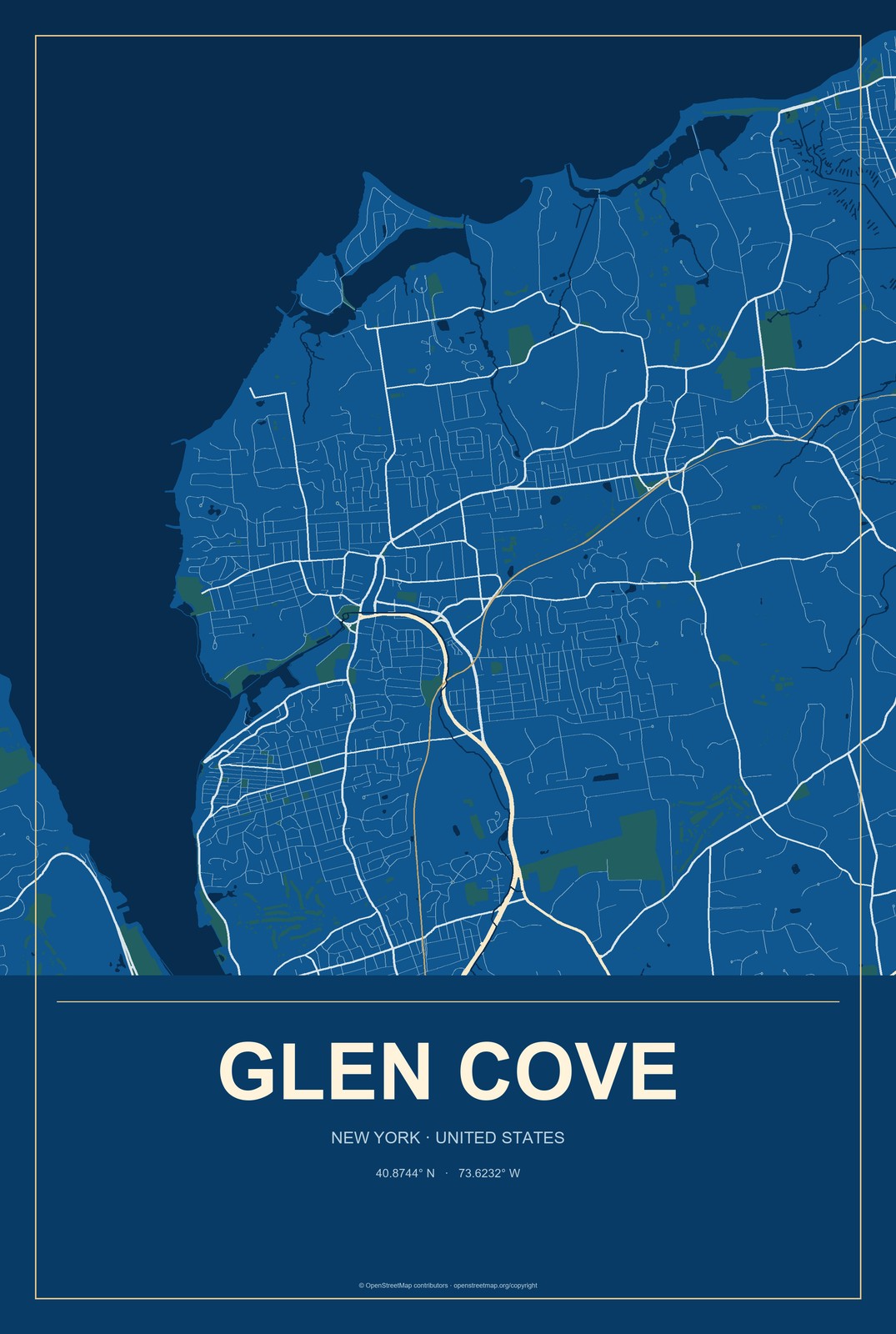 Glen Cove, New York City Map Aluminum Sign in Harbor Cobalt style