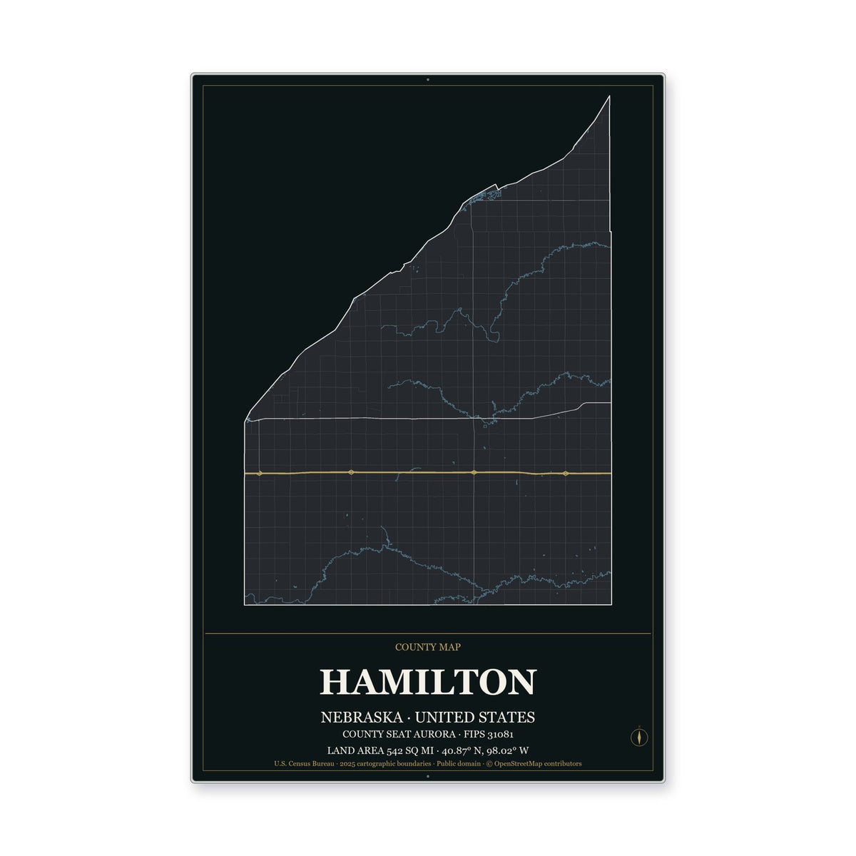 Hamilton County, Nebraska Map Aluminum Sign in Metropolitan Noir style