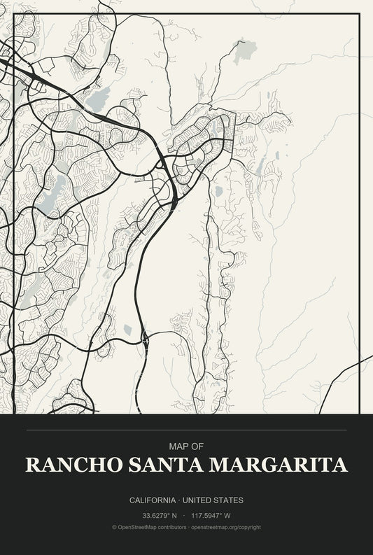 Rancho Santa Margarita, California City Map Aluminum Sign in Museum Plaque style