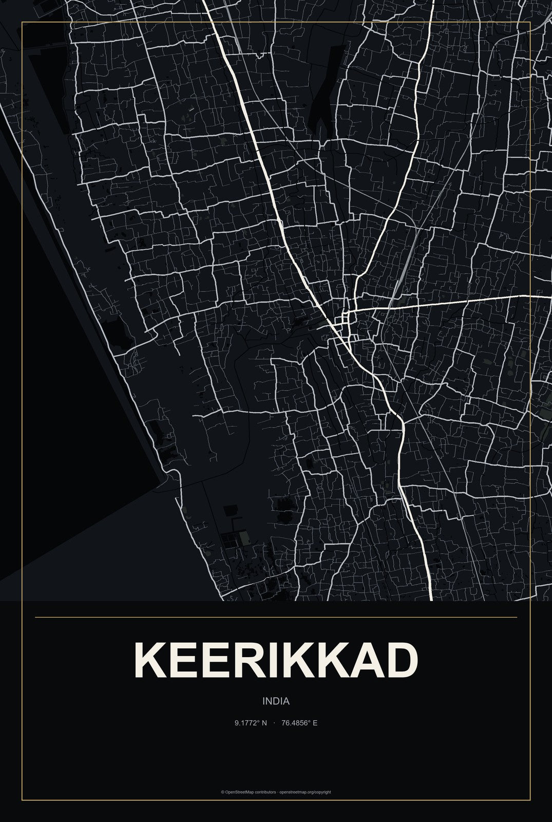 Keerikkad, India City Map Aluminum Sign in Metropolitan Noir style